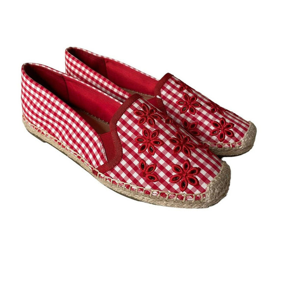 Isaac Mizrahi Live! Red Gingham Ladies Espadrilles Eyelet Embroidery Size 9 M - Picture 1 of 11